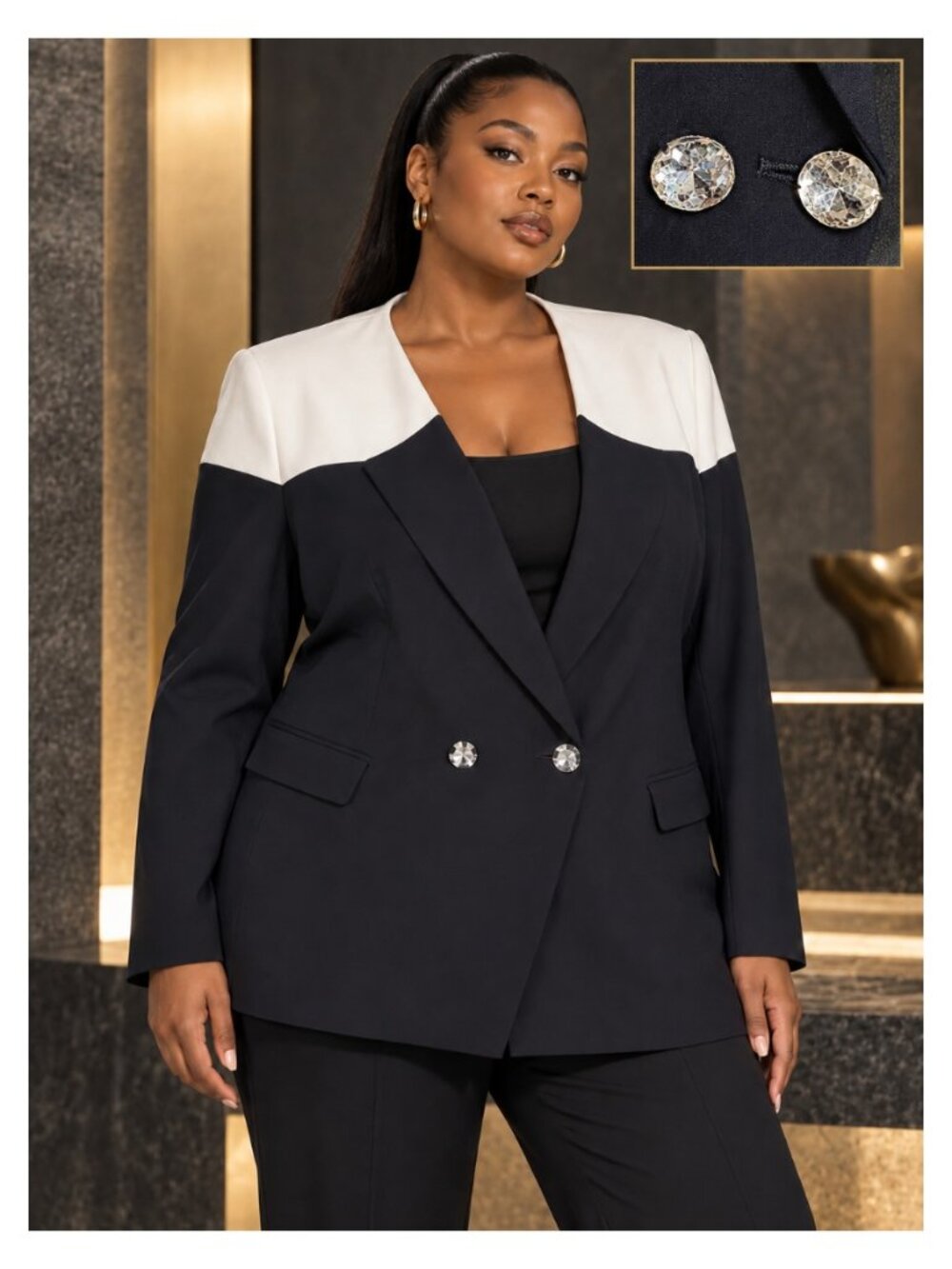 Marina Rinaldi CLUB Navy Ivory Double-Breasted Crystal Button Blazer 24 NWT